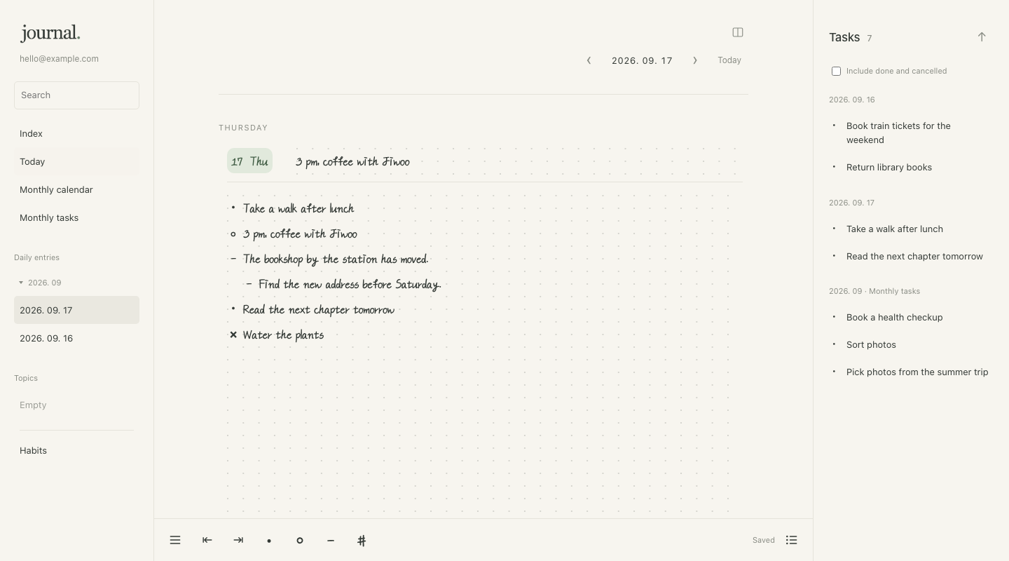 Actual journal with page navigation, daily notes, and collected tasks on the right