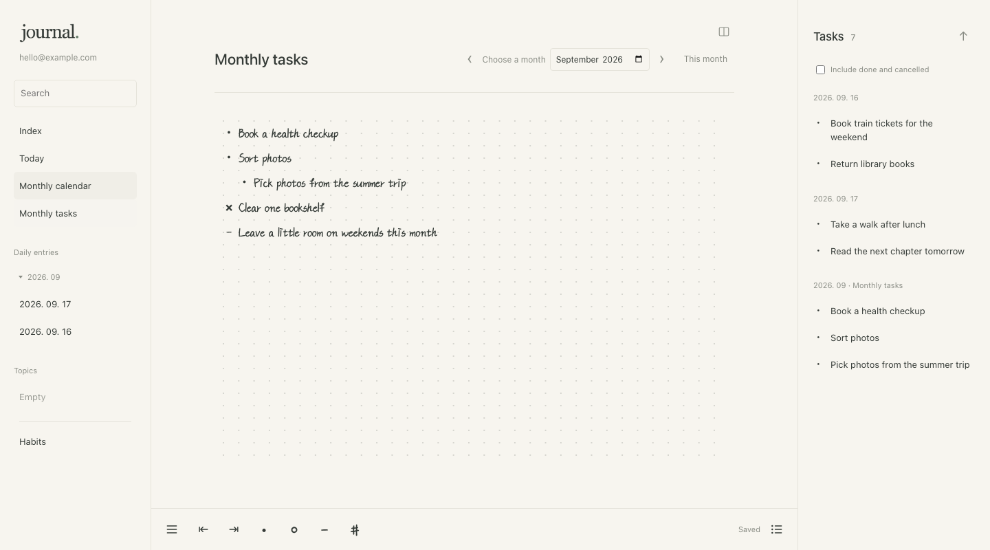 Monthly tasks written as an indented bullet list