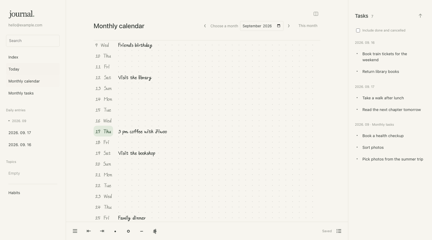 Monthly calendar with a vertical list of dates and written appointments