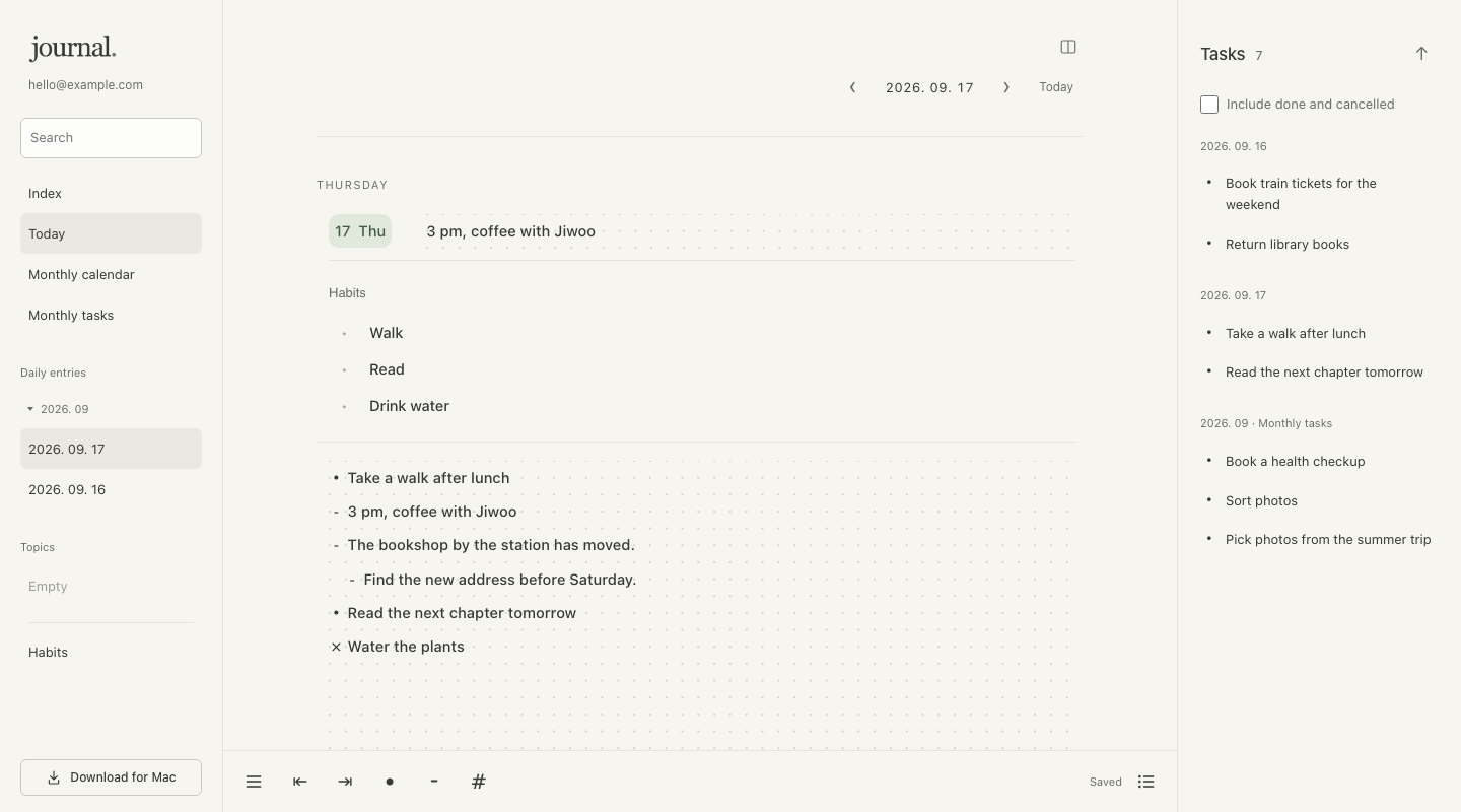Actual journal with page navigation, daily notes, and collected tasks on the right