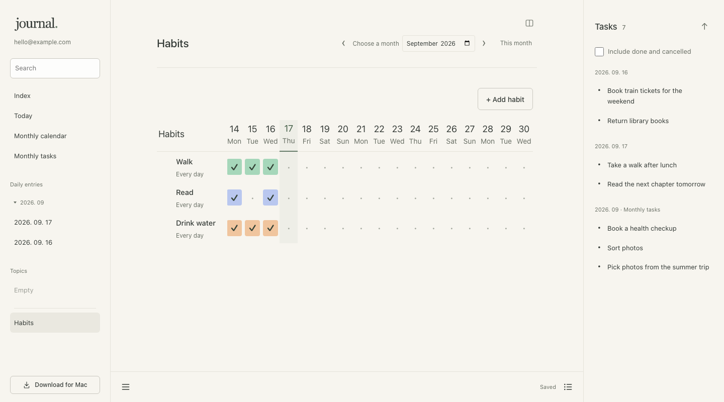 Monthly habit table with completed days checked