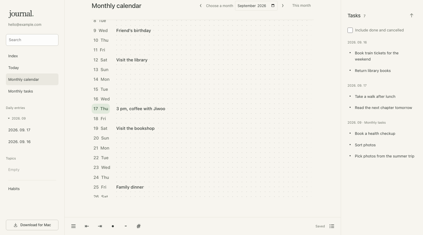 Monthly calendar with a vertical list of dates and written appointments