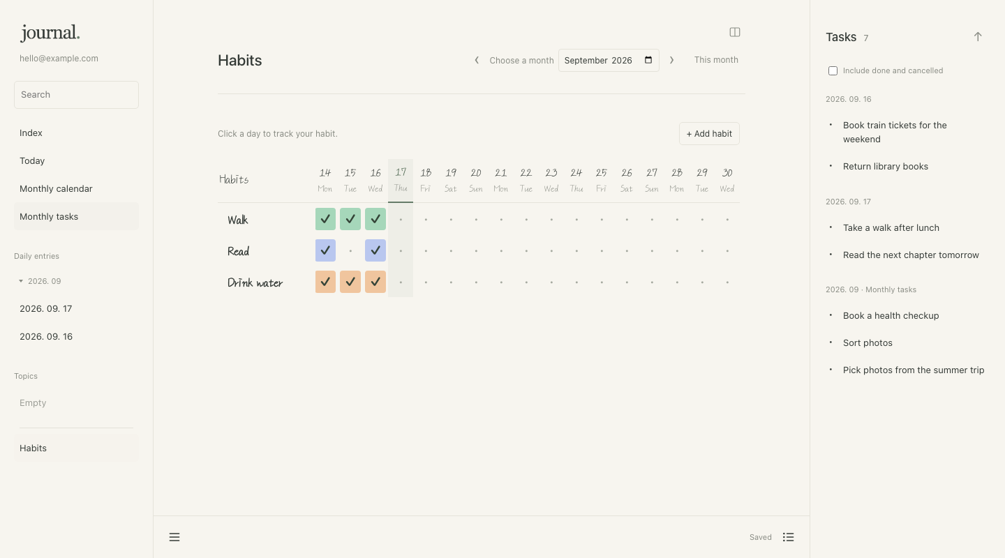 Monthly habit table with completed days checked