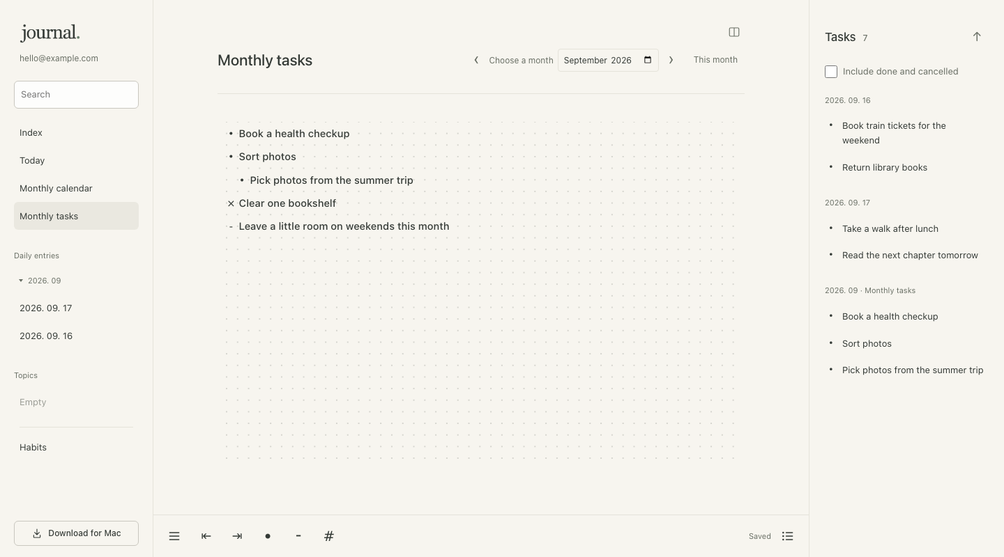 Monthly tasks written as an indented bullet list