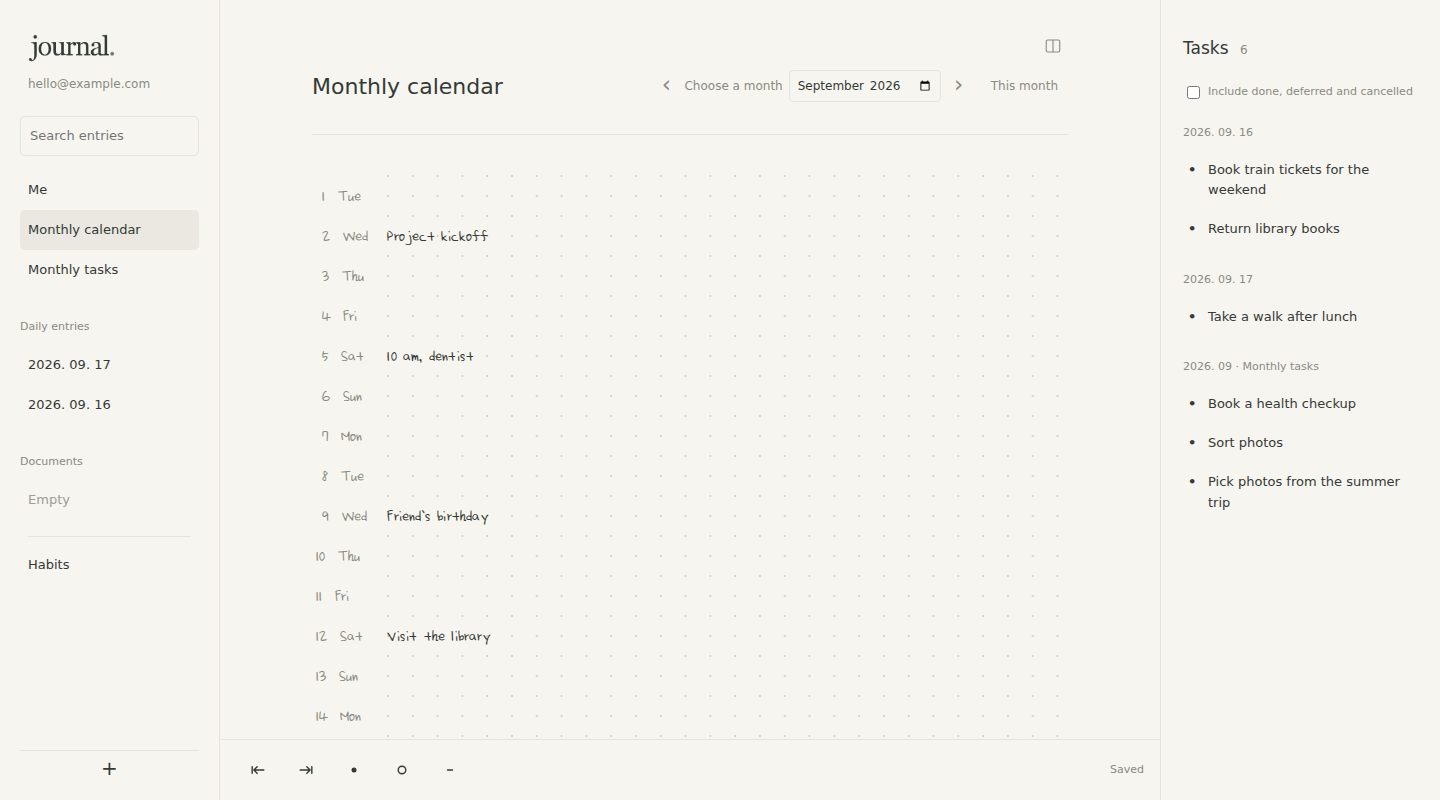 Monthly calendar with a vertical list of dates and written appointments