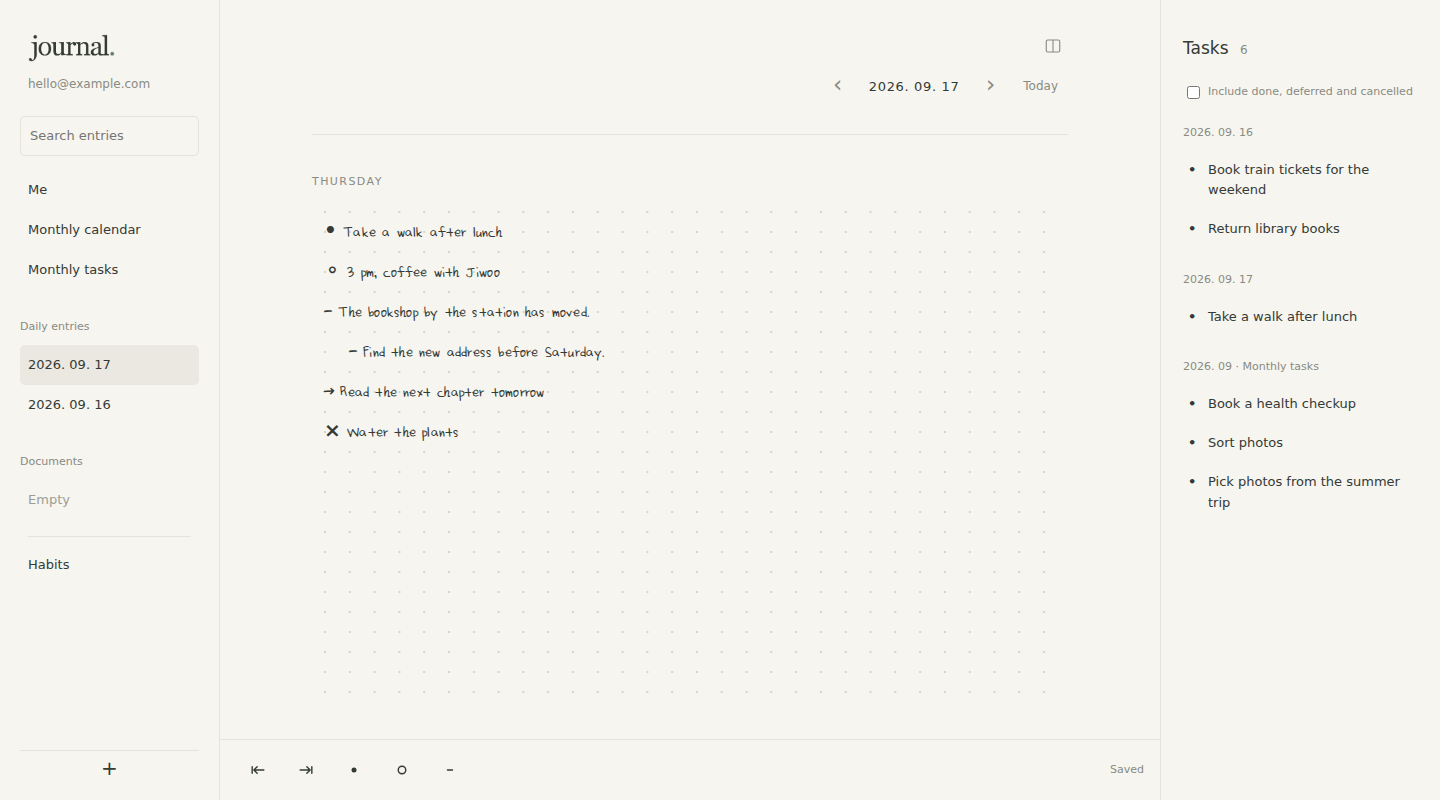 Actual journal with page navigation, daily notes, and collected tasks on the right