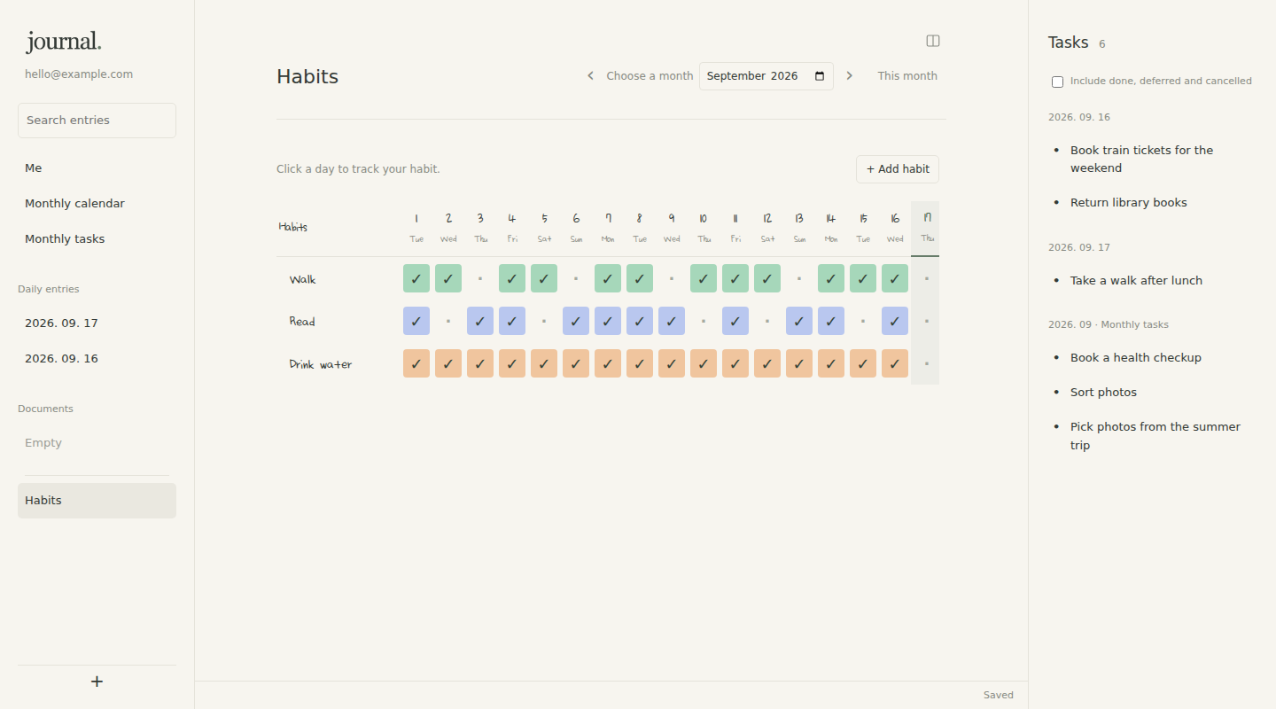Monthly habit table with completed days checked